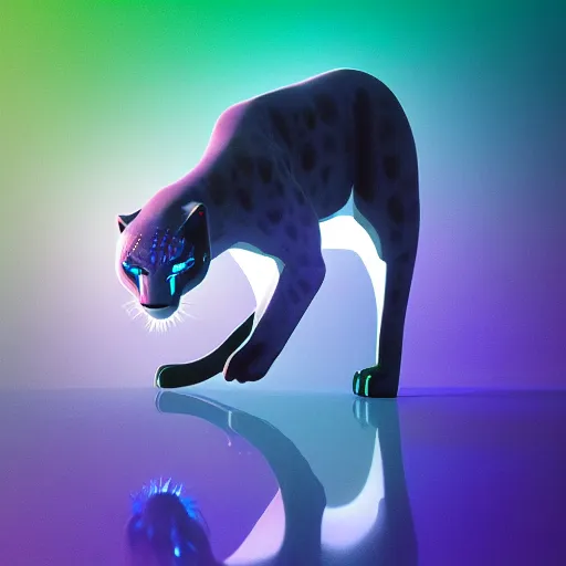 Image similar to multifaceted swarovski panther render, rainbow refraction, polished, highly reflective, porcelain, opal, quartz, diamond volumetric lighting, octane render, 8 k, photorealistic, ultra realistic