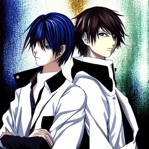 Prompt: Two handsome men,L·Lawliet and Light Yagami,Death Note, Makoto Shinkai