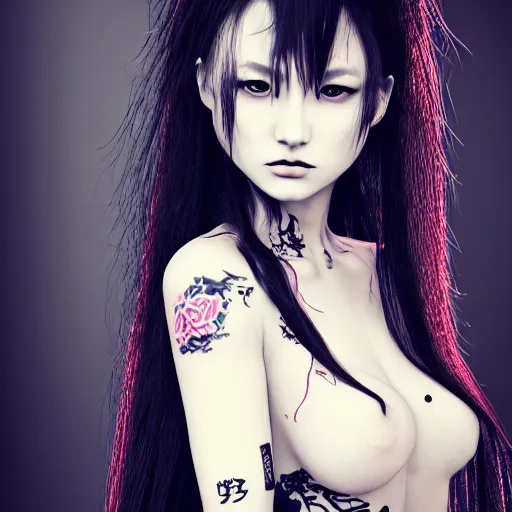 Image similar to japanese gothic model with maximalist hair style and kanji tattoos, dark colors, fashion model, portrait shot, depth of field, 8 k, hyper detailed, intricate, trending on artstation