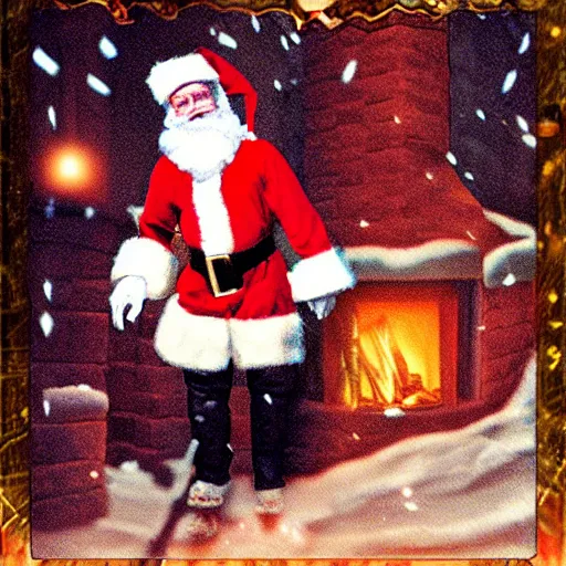 Image similar to a grainy photo of santa claus climbing down a chimney at night, shot with an old polaroid camera, grainy vhs texture 4 k, realistic, unreal engine 5, sharp details, 3 0 0 dpi