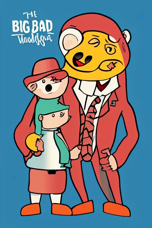 Image similar to the big bad wolf wearing a suit hugging his son, colorful, sticker, vector art, clean,