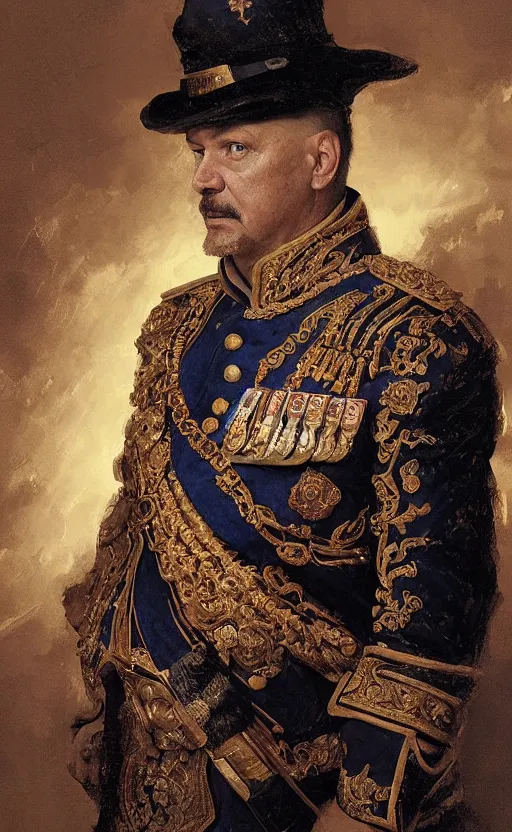 Prompt: Portrait of a middle aged man wearing a ceremonial uniform in an ornate drawing room, male, detailed face, renaissance, royal, highly detailed, cinematic lighting, digital art painting by greg rutkowski