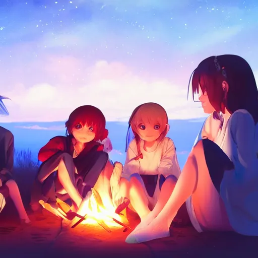 Prompt: very beautiful cute girls sitting around campfire at night, masterpiece, cinematic, anime art, trending on artstation, pixiv, makoto shinkai, manga cover