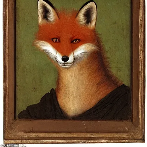 Prompt: a renaissance style portrait of the red fox (Vulpes vulpes) wearing a crown and a cape, dark background