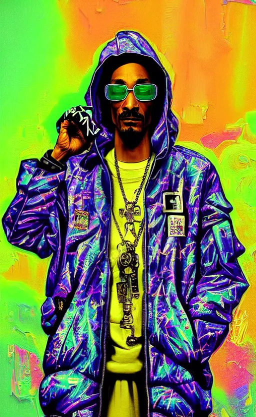 Image similar to detailed Snoop Dogg portrait Neon Operator, cyberpunk futuristic neon, reflective puffy coat, decorated with traditional Japanese ornaments by Ismail inceoglu dragan bibin hans thoma !dream detailed portrait Neon Operator Girl, cyberpunk futuristic neon, reflective puffy coat, decorated with traditional Japanese ornaments by Ismail inceoglu dragan bibin hans thoma greg rutkowski Alexandros Pyromallis Nekro Rene Maritte Illustrated, Perfect face, fine details, realistic shaded, fine-face, pretty face