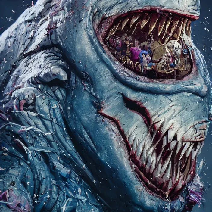 Image similar to portrait of joe biden as a king shark in suicide squad. intricate abstract. intricate artwork. by tooth wu, wlop, beeple, dan mumford. octane render, trending on artstation, greg rutkowski very coherent symmetrical artwork. cinematic, hyper realism, high detail, octane render, 8 k, iridescent accents