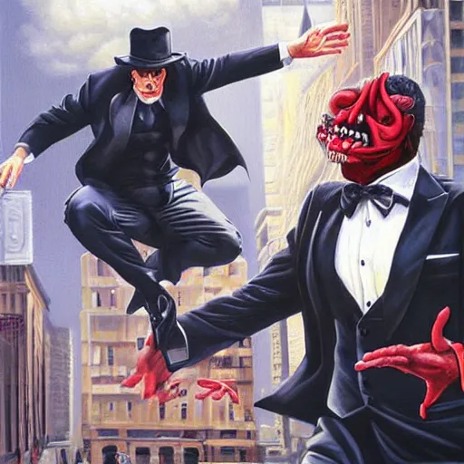 Image similar to a realistic painting of a man in a tuxedo confronting a demon in a busy city street by Jason Edmiston,