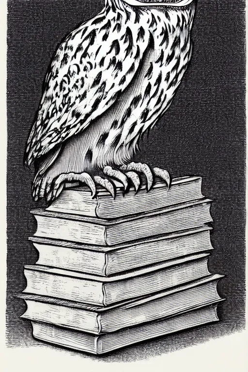 Prompt: owl perched on a stack of books, art by albrecht durer, woodblock print, black and white, vector, vector art