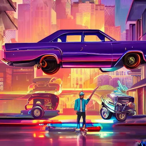 Image similar to swagger! lowrider culture, living large in the city by tyler edlin, editorial, bold colors, detailed, bold colors, miami vice, incredible lighting, great composition, artstation