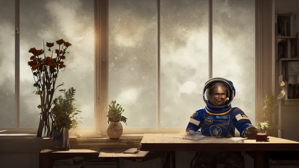 Image similar to a cosmonaut in a spacesuit sits at an old wooden desk with a flower vase, in a richly decorated Victorian house. the autumn light comes in through a window and dimly illuminates the room, diffuse light, octane render