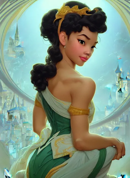 Image similar to portrait of disney tiana, intricate, elegant, highly detailed, my rendition, digital painting, artstation, concept art, smooth, sharp focus, illustration, art by artgerm and greg rutkowski and alphonse mucha and uang guangjian and gil elvgren and sachin teng, symmetry!!