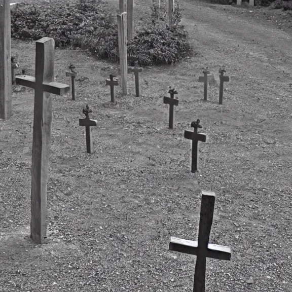 Prompt: crosses on gravel hill from distance, childrens drawing