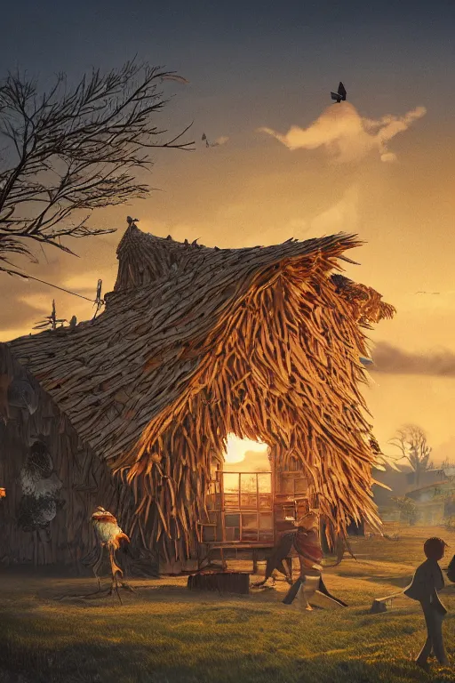 Prompt: an awesome twilight day concept art of giant old hut mixed with giant chicken, by kengo kuma and wes anderson with village, mixed development, cgsociety, fantastic realism, artstation hq