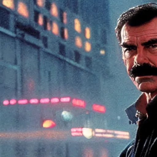 Prompt: Tom Selleck in Blade Runner, standing on a rainy street in a Blade Runner Style city