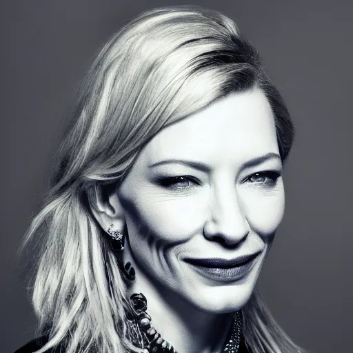 Prompt: high resolution portrait of cate blanchett with face tattoo , highly detailed, photorealistic, 4k