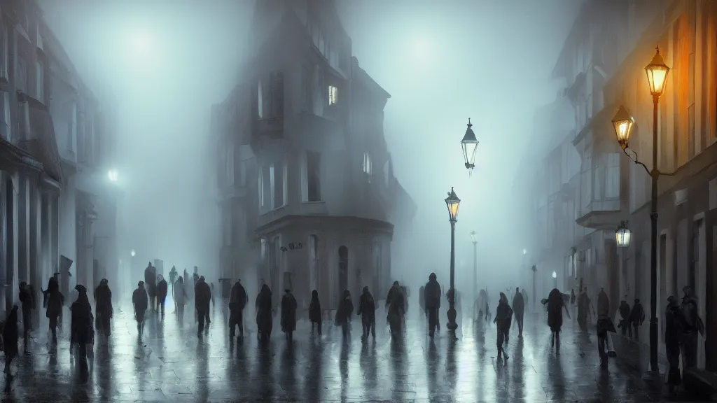 Image similar to a crowd of people on street of the old town with houses in the windows of which the light is on. early morning, fog on ground, wet street. mike barr painting. volumetric light, dull colors, dark, noir arthouse, 3 5 mm, hight detalied, hd, 4 k