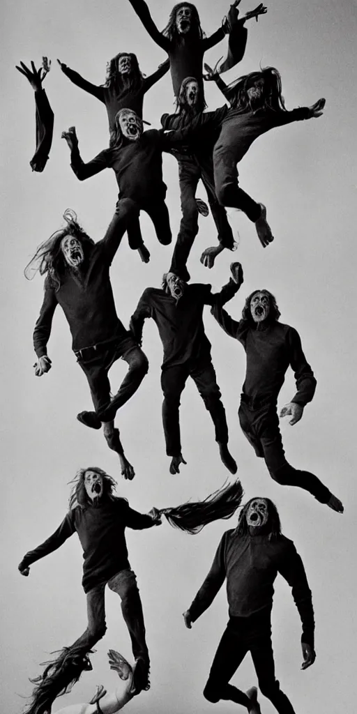 Prompt: a jumping old 3 headed man, 6 eyes with 3 heads and 6 eyes, long hair, jumping, by annie leibovitz