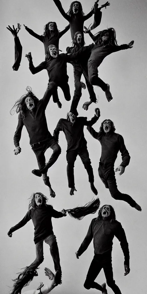 Image similar to a jumping old 3 headed man, 6 eyes with 3 heads and 6 eyes, long hair, jumping, by annie leibovitz