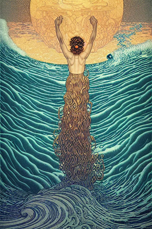Prompt: a sea witch summoning a giant wave by dan mumford and gustav klimt and john harris and jean delville and victo ngai, highly detailed, photorealism, hyperrealistic, art deco, art nouveau