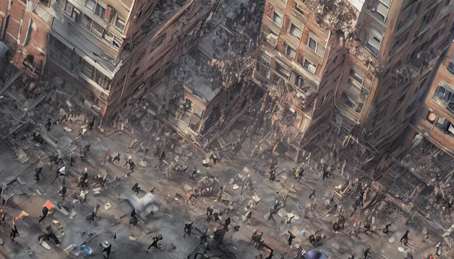 Image similar to People fleeing the collapsed buildings in the streets of New-York, hyperdetailed, artstation, cgsociety, 8k