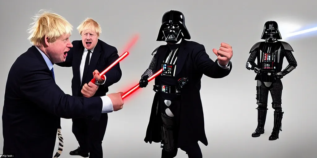 Prompt: boris johnson in a intense light saber battle with darf vader