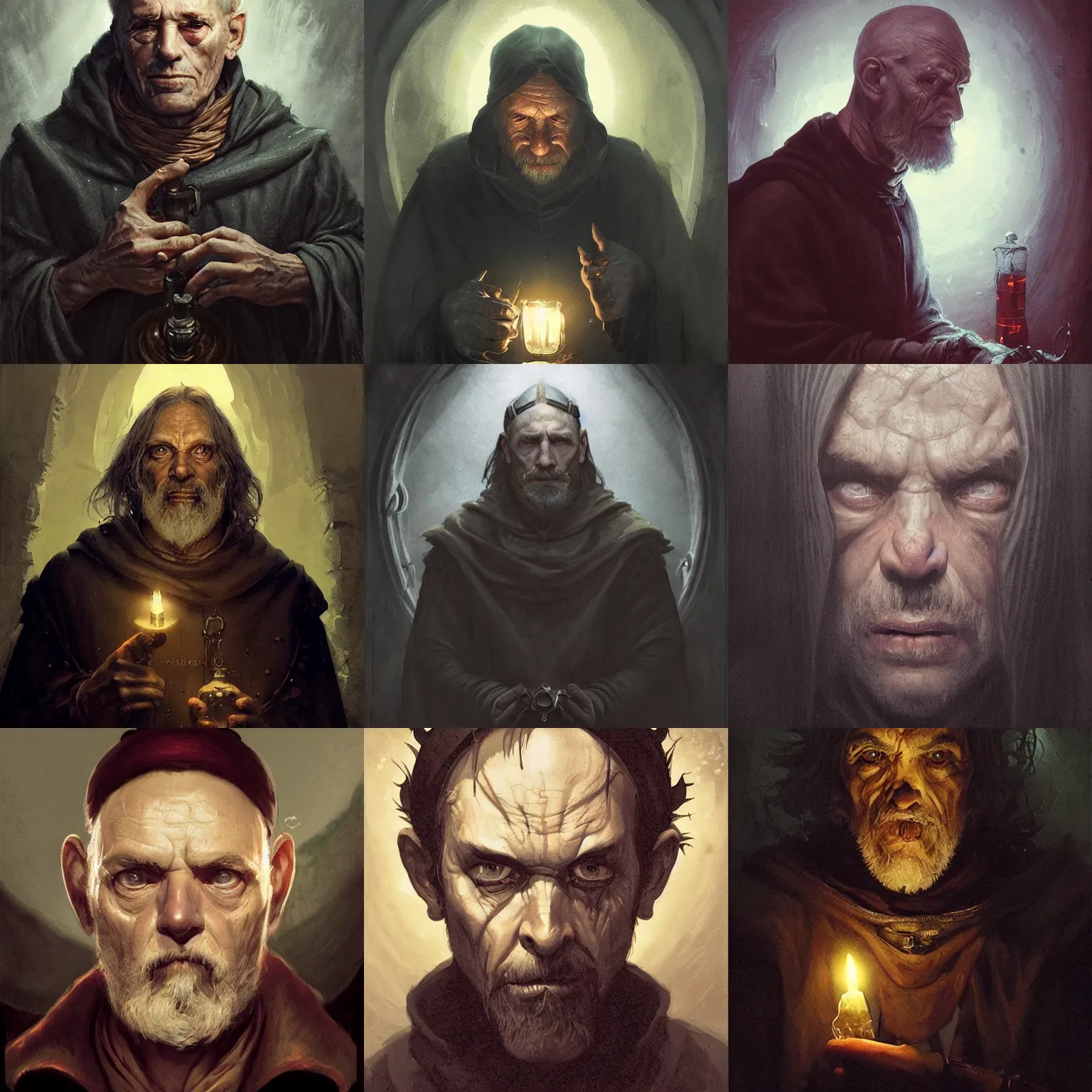 Prompt: portrait of an old, melancholic medieval alchemist in the dark, he is looking into the camera. chiaroscuro lighting, fantasy, detailed, photorealistic portrait by michael komarck, greg rutkowski, victo ngai, artgerm and j. dickenson