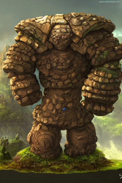 Image similar to zelda fantasy art giant golem troll wood rock greeble gemstone, global illumination ray tracing hdr fanart arstation by sung choi and eric pfeiffer and gabriel garza and casper konefal