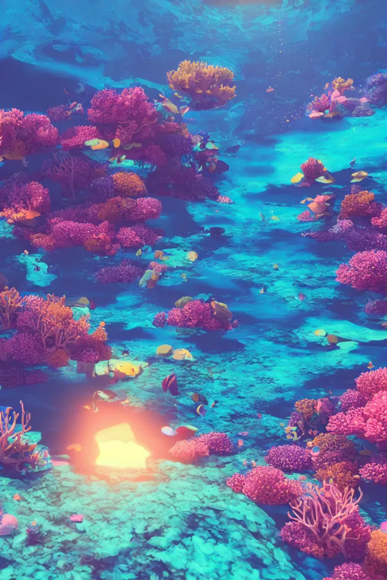 Image similar to mesmerizing underwater neon coral reef landscape magical realism painting with sun rays coming from above, neon pastel colors, octane render, maya, cinema 4d