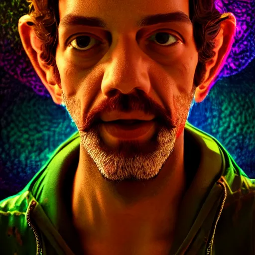 Image similar to terence McKenna posing seductively with psychedelic mushrooms, psychedelic, fractal, cinematic lighting, dramatic, octane render, full body, trending on artstation, perfect facial symmetry, bokeh, 8k, intricate, hyper detailed
