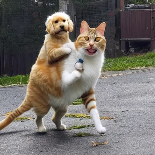 Prompt: Cat riding a dog into battle