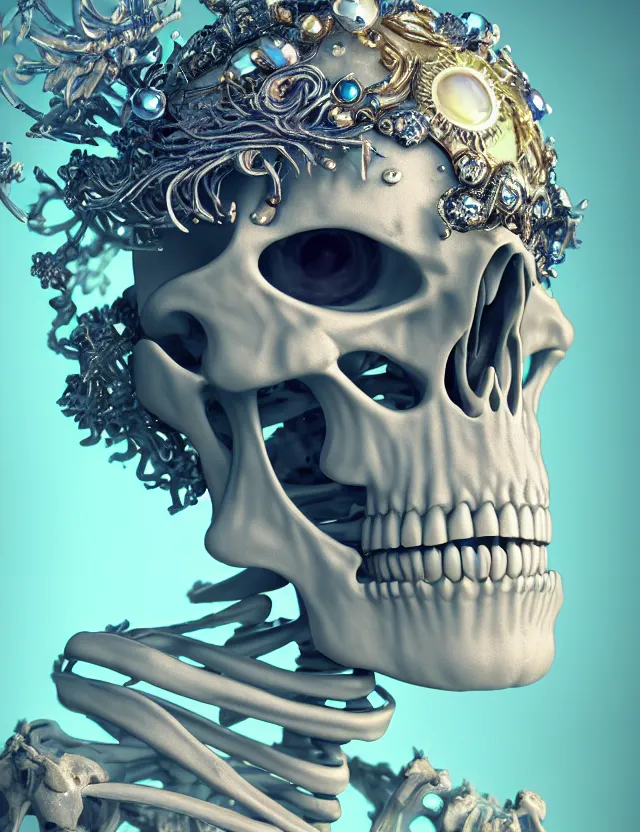 Image similar to 3 d goddess skeleton macro close - up portrait with crown made of ram skull. betta fish, jellyfish phoenix, bioluminiscent, plasma, ice, water, wind, creature, super intricate ornaments artwork by tooth wu and wlop and beeple and greg rutkowski