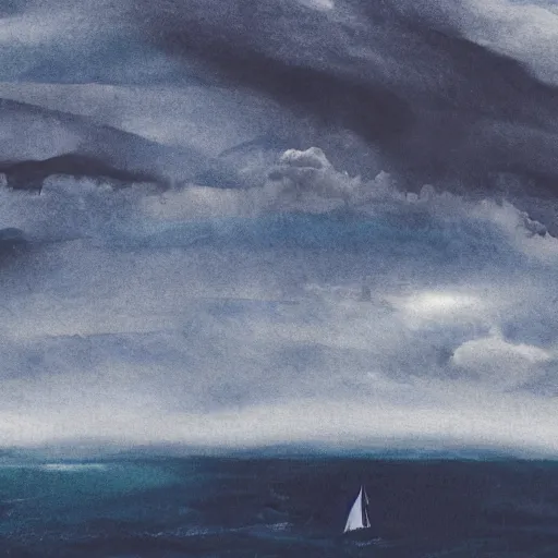 Image similar to a girl is pirate in a ship which is sailing in dark sea sky is dark blue and clouds and thunderstorms coming in far waves are big