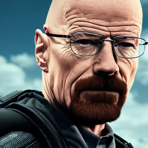 Image similar to Walter White wearing heavy modern military gear and holding a bulletproof shield, highly detailed, 8k octane render