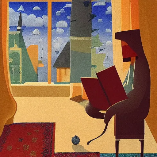 Prompt: a man sitting on top of a rug, a storybook illustration by marius borgeaud, behance contest winner, magical realism, isometric, storybook illustration, photoillustration