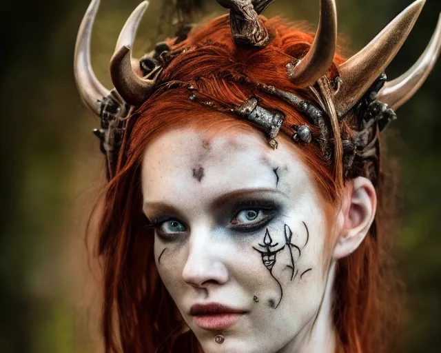 Image similar to 5 5 mm portrait photo of an armored gorgeous anesthetic redhead woman warrior with a face tattoo and horns growing from her head, in a magical forest. by luis royo. highly detailed 8 k. intricate. lifelike. soft light. nikon d 8 5 0. cinematic post - processing