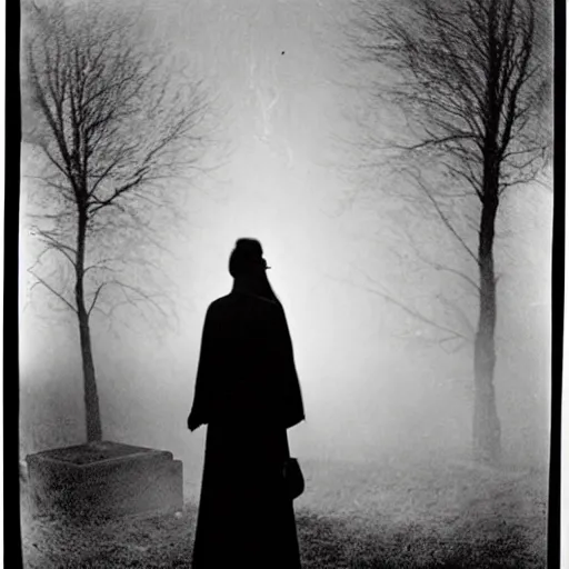 Image similar to a woman soul looking at his grave, night, fog, 1 9 0 0's photo