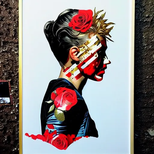 Prompt: portrait of british woman :: side profile :: in ocean :: roses and guns metal details :: gold :: blood and horror :: by marvel and Sandra Chevrier