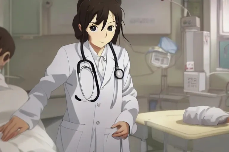 Image similar to a cute and beautiful young lady, a doctor wearing white coat in hospital ward, highly detailed, slice of life anime, anime scenery by Makoto shinkai