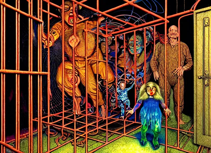 Prompt: realistic detailed photo rendered in octane 3d , of family trapped in a cage in a old soviet apartment in the eternal hyperspace of doom, shipibo , by Francis Bacon, by Ivan Bilibin, by Alex Grey, by Austin Osman Spare., by Ayami Kojima, Amano, Karol Bak, Greg Hildebrandt, and Mark Brooks , rich deep colors. Beksinski painting, art by Takato Yamamoto. masterpiece. rendered in blender, ultra realistic, smooth shading, ultra detailed, high resolution, cinematic, unreal 6