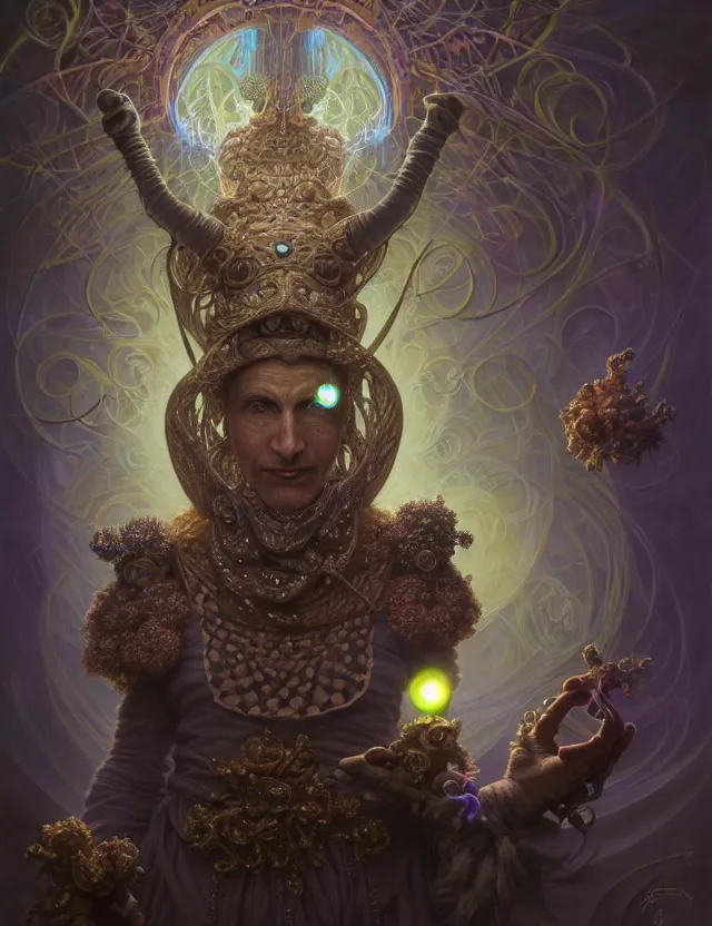 Image similar to front shot of a court jester character, hyperdimensional, bioluminescent hypercubes, ((intricate)), elegant, highly detailed, centered, (((artstation, concept art, smooth, sharp focus, artgerm, Tomasz Alen Kopera, Peter Mohrbacher, donato giancola, Joseph Christian Leyendecker, WLOP, Boris Vallejo))), mugshot!!!!!, ugly!!!!!!, octane render, nvidia raytracing demo, grainy, muted, 8K, digitalblasphemy