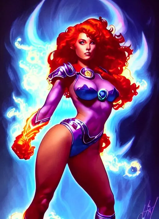 Image similar to front portrait hands behinds pose of attractive Starfire with ginger wavy hair using white gloves, hands behind her pose!, Intricate overlay flames imagery , D&D!, fantasy style, sharp focus!, ultra detailed, art by Artgerm and Peter Andrew Jones, WLUP