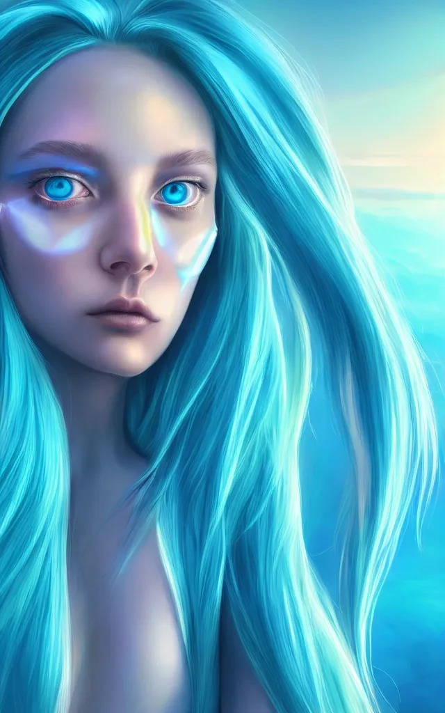 Image similar to portrait concept art of a future ai artificial intelligence virtual reality vr artist human stunningly beautiful face with perfectly symmetrical features photorealistic illustration digital rendering 8 k cinematic goldenhour sunset professional photo selfie two perfect symmetrical eyes with a rainbow chromatic iris and white sclera shimmering flowing cyan azure blue hair smooth porcelain unblemished skin gazing into the sunset futuristic fashion clothes
