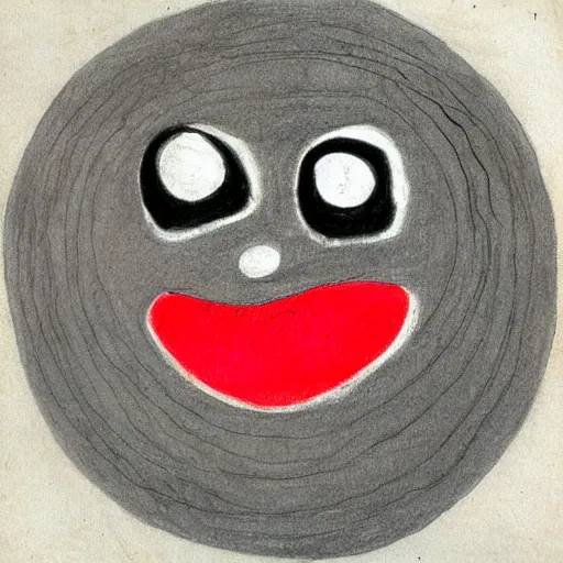 Image similar to primitive drawing of smiling circle face with red eyes thumb up. Сhild drawing picture