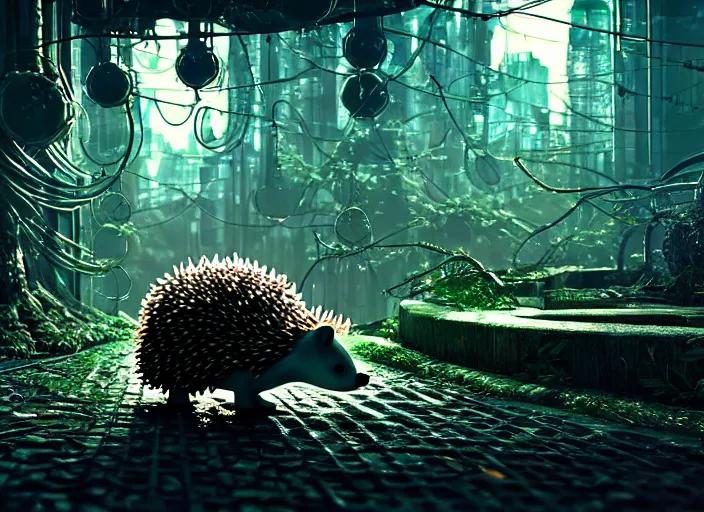 Prompt: intricate hedgehog with optic fibers instead of needles, on the background of a weird magical mechanical forest. Very detailed 8k. Fantasy cyberpunk horror. Sharp. Cinematic post-processing. Unreal engine. Nanite. Ray tracing. Parallax. Tessellation