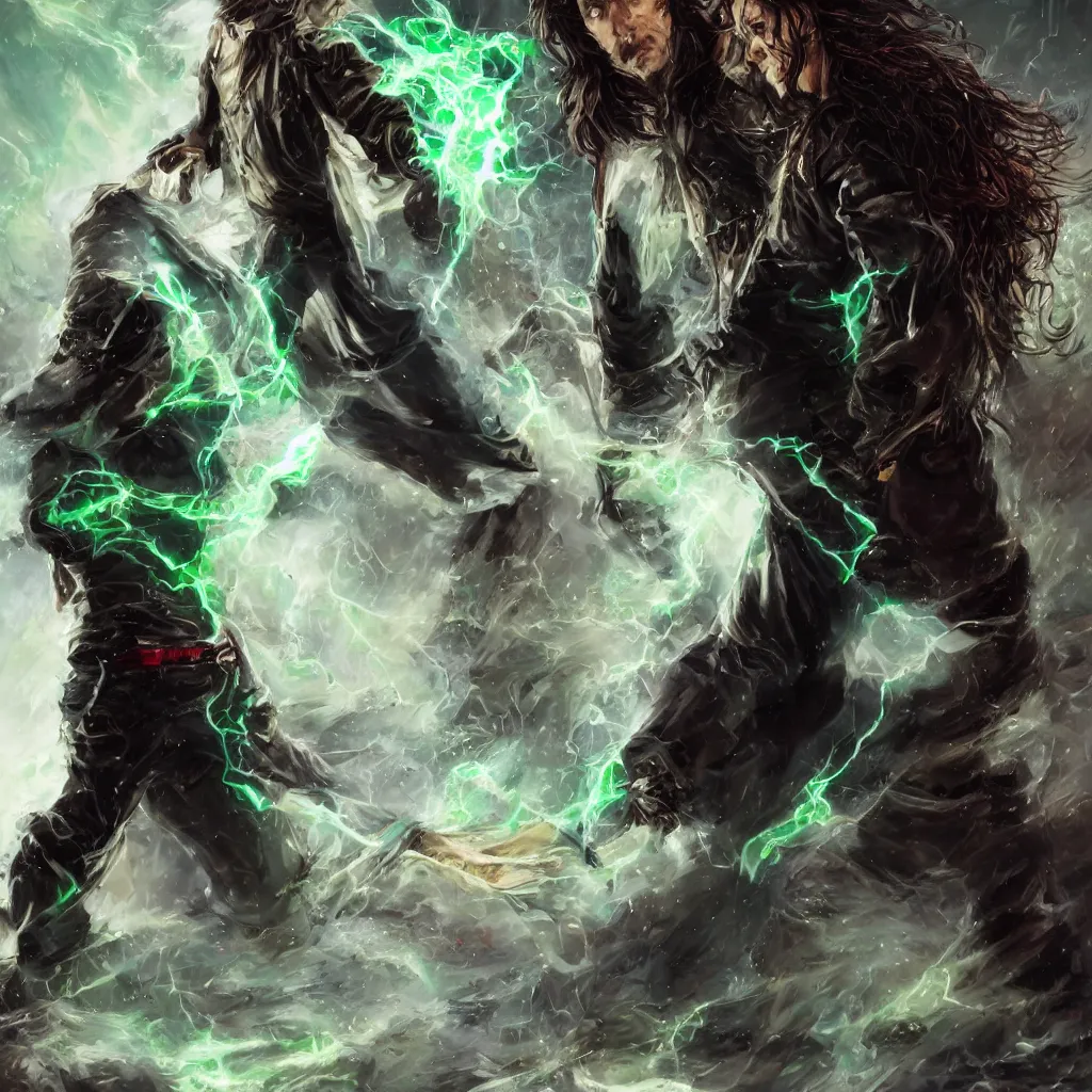 Prompt: tall, lean man with long wavy brown hair. He wears a torn-up leather jacket and a beige cloth shirt underneath. Black pants, and cowboy boots. Pale green glowing energy glows through the tears in his clothes, and he carries a large crystalline black longsword with red lightning that arcs across the blade. Portrait. by craig mullins, featured on artstation