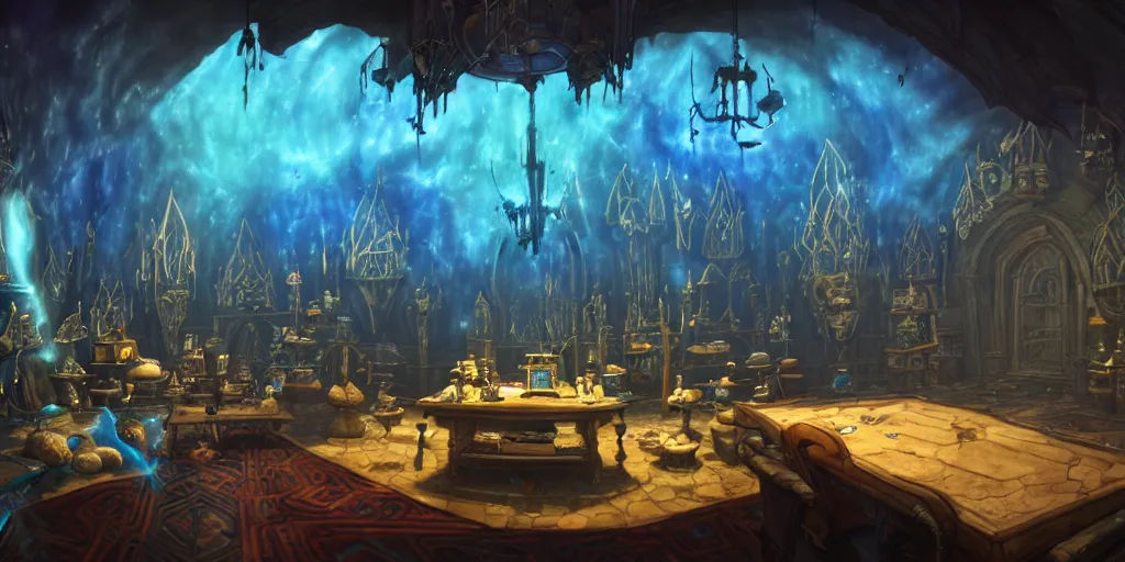 Image similar to interior of a dark wizards sanctum, blue light, cluttered with magical objects, spell books, potions, dramatic lighting, epic composition, wide angle, by miyazaki, nausicaa ghibli, breath of the wild