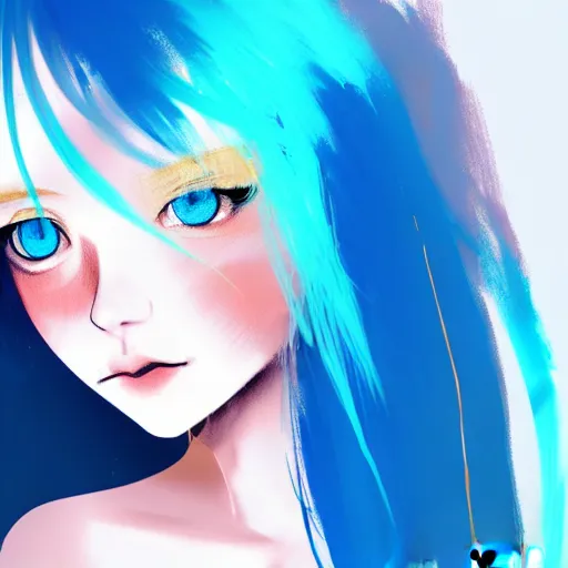 Prompt: a girl with long sky blue hair, gold eyes, amber eyes, boyish face, professional digital painting, wild brush strokes, concept art, award - winning photography, cinematic, wlop, color block, pop, hip, art by andy warhol, pixiv art, yoshitaka amano