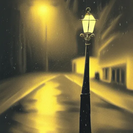 Prompt: a cute orange tabby cat on a sidewalk, it is night and raining, street lamps are illuminating the street, moody lighting, peaceful atmosphere, digital art, highly detailed, high contrast, beautiful lighting, award winning, trending on art station, 8 k,