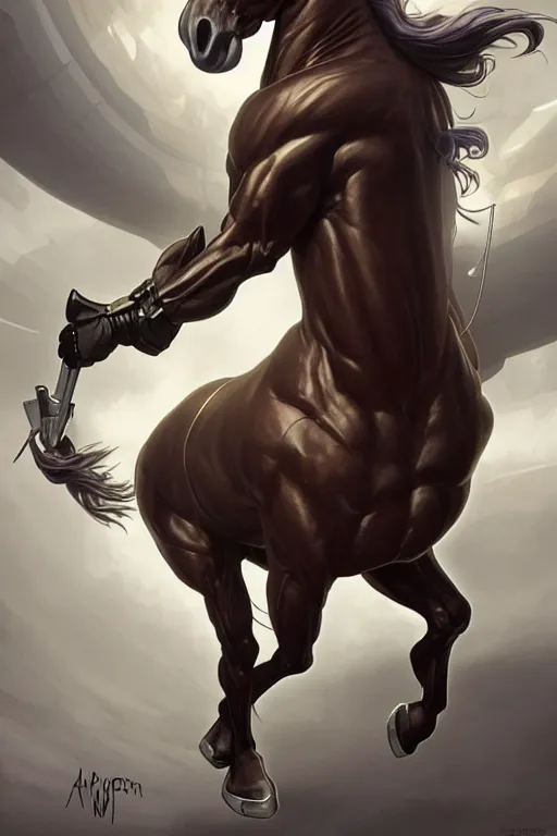 Image similar to splash art of an exaggeratedly muscular anthropomorphic horse at a research facility wearing a power - restricting suit, leather suit, clothing, highly detailed, digital painting, artstation, concept art, sharp smooth focus, illustration, art by artgerm and greg rutkowski and alphonse mucha