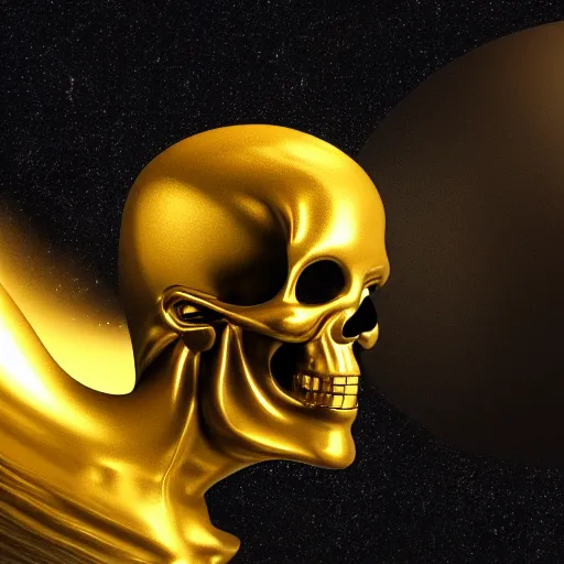 Image similar to golden skull floating in space, 3d render, DROELOE, digital illustration, computer render, 8K